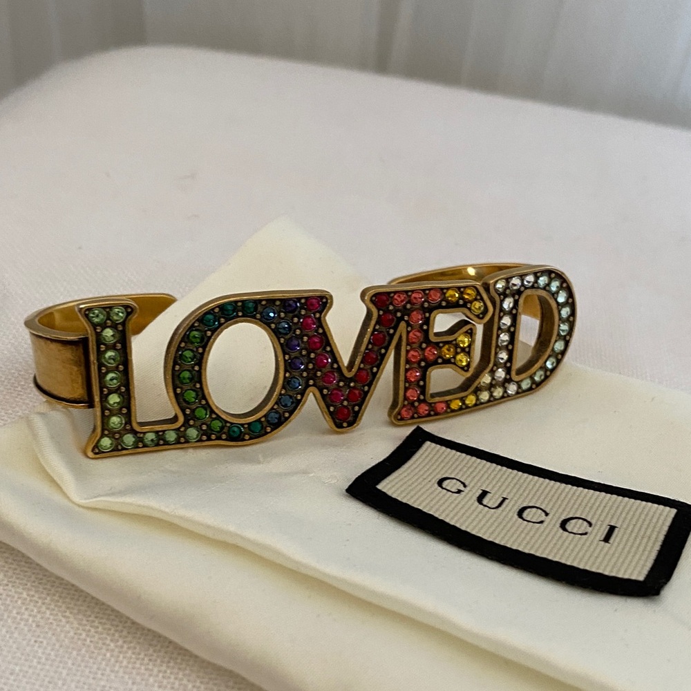 REDUCED! Gucci Gold Multicolor 'Loved' Bracelet Palm cuff with Rainbow Crystals
